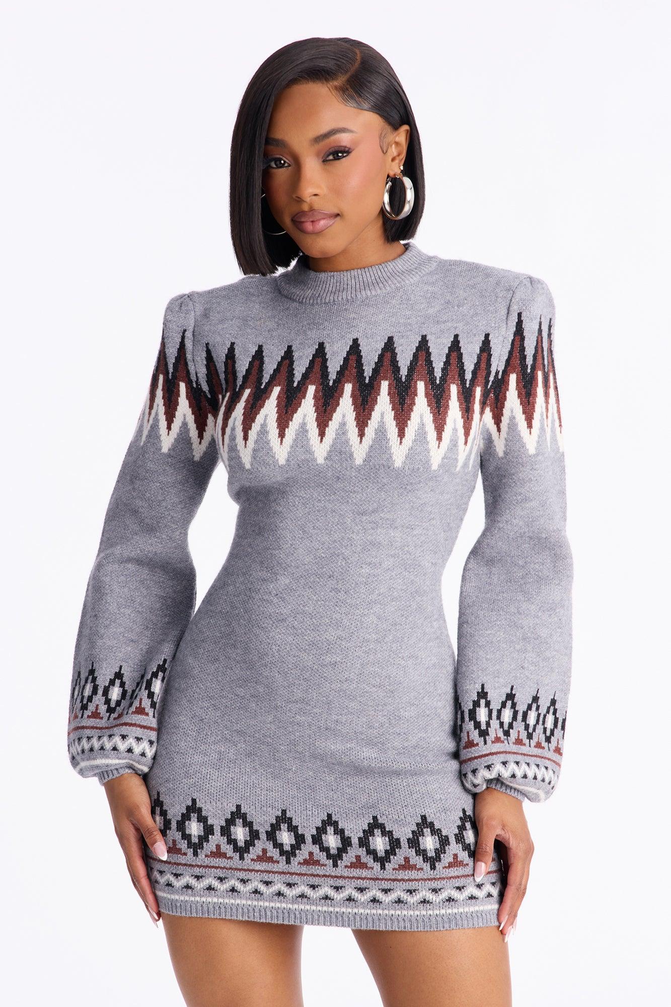 Fireside Nights Long Sleeve Sweater Mini Dress - Grey Female Product Image