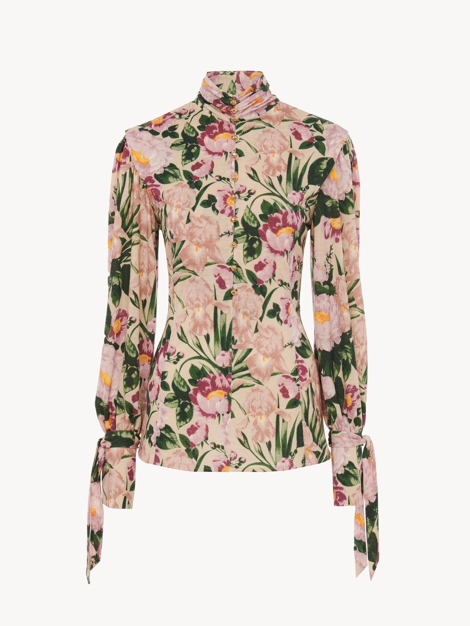 Buttoned mock-neck top in wool jersey Product Image