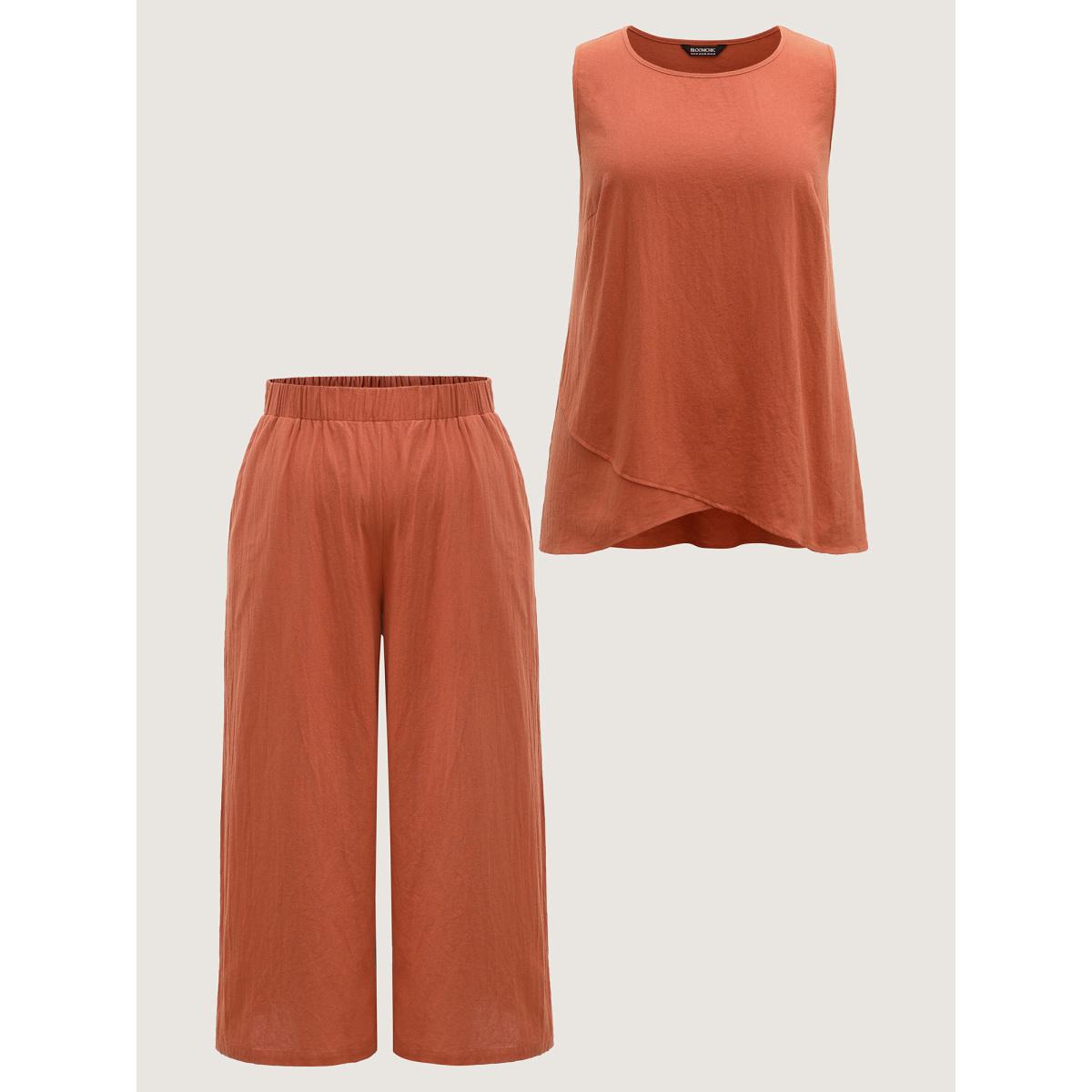 Plus Size Pure Cotton Overlap Hem Co-Ord Set Rust Women Everyday-Casual Overlapping No stretch Sleeveless Sleeveless Round Neck 12/L Side seam pocket Two-Piece sets BloomChic Product Image