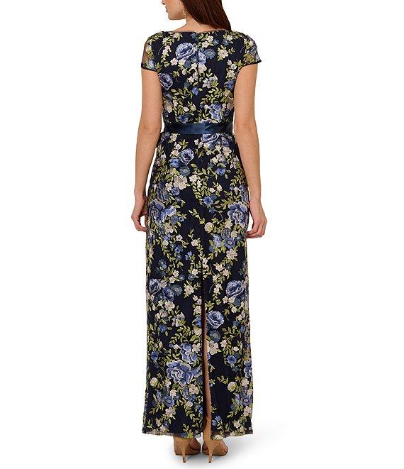 Adrianna Papell Embroidered Floral Print Square Neck Short Sleeve Tie Waist Column Gown Product Image