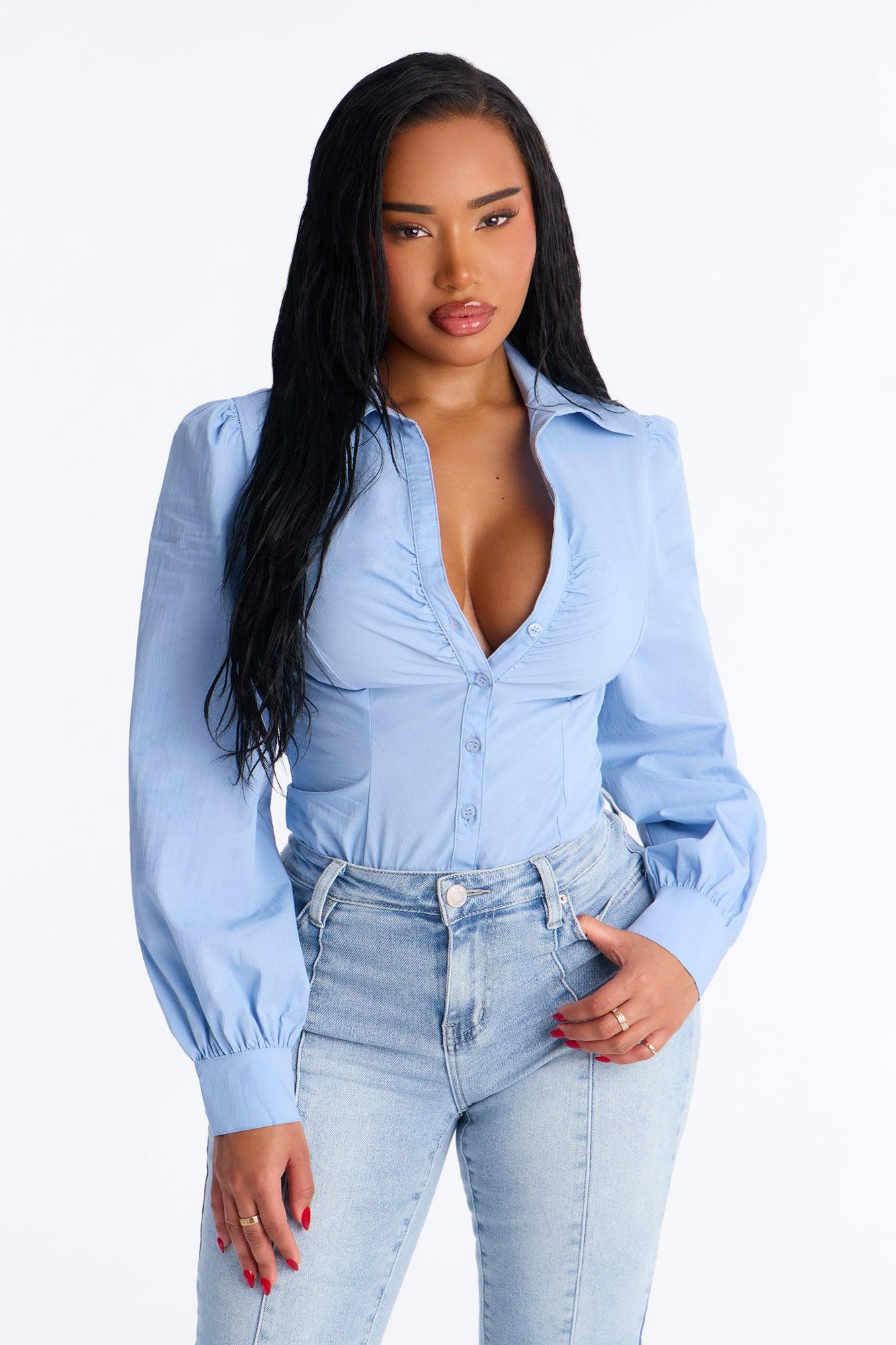 Cashin' Out Poplin Bodysuit - Dusty Blue Female Product Image