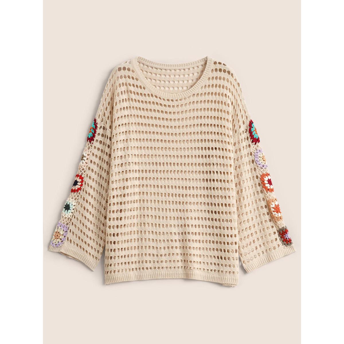 Plus Size Floral Crochet Pointelle Knit Pullover Apricot Women Resort Long Sleeve Round Neck Vacation Pullovers BloomChic 26/4X Product Image