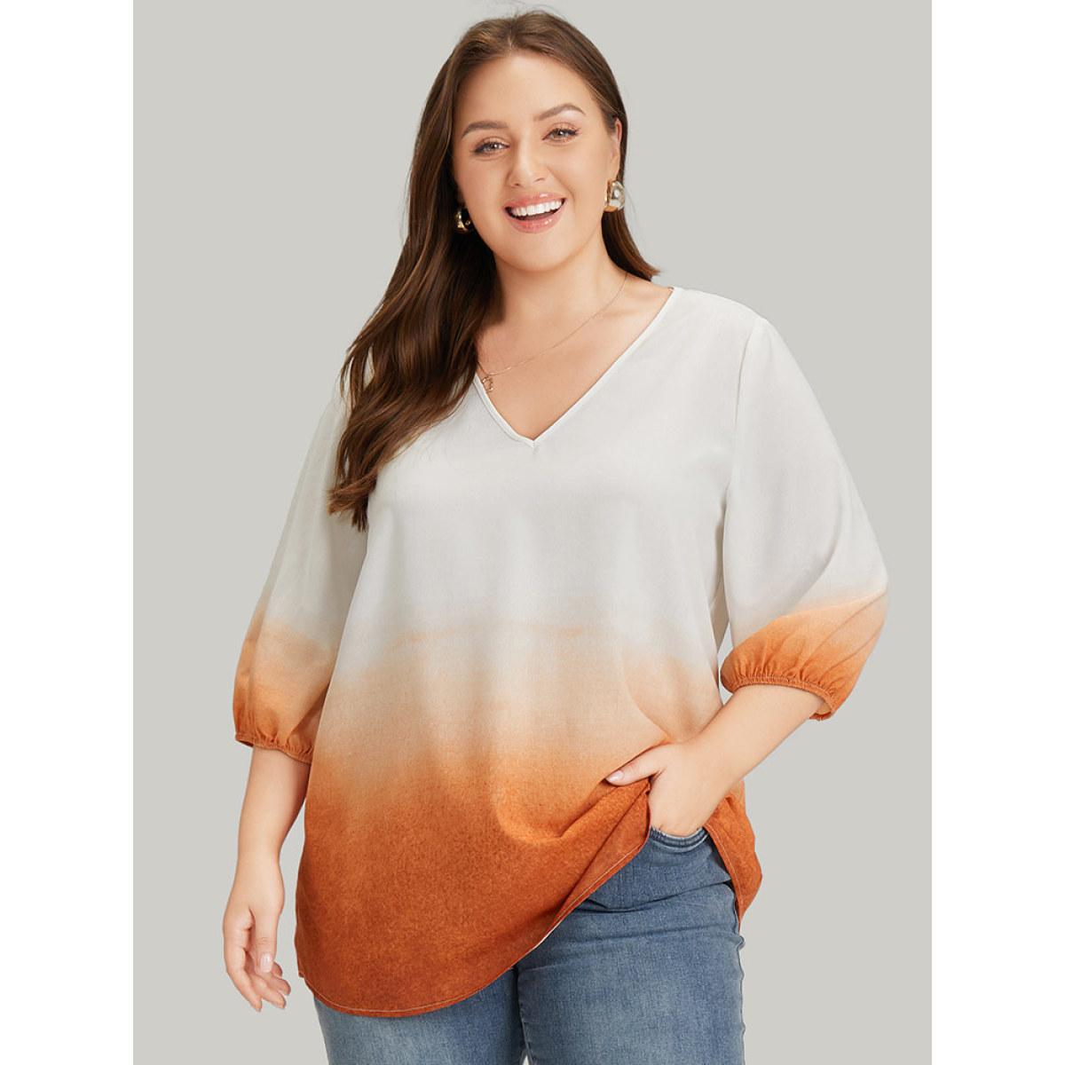 Plus Size Orange Ombre Printed Lantern Sleeve Blouse Women Vacation Elbow-length sleeve V-neck Dailywear Blouses BloomChic 10/M Product Image