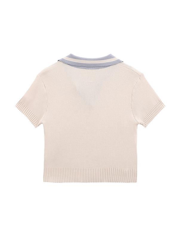 Contrast Color Polo Neck Short Sleeve Knit Product Image