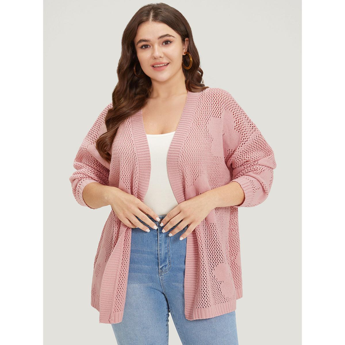 Plus Size Floral Graphic Eyelet Open Front Cardigan Pink Women Casual Loose Long Sleeve Dailywear Cardigans BloomChic 28/5X Product Image