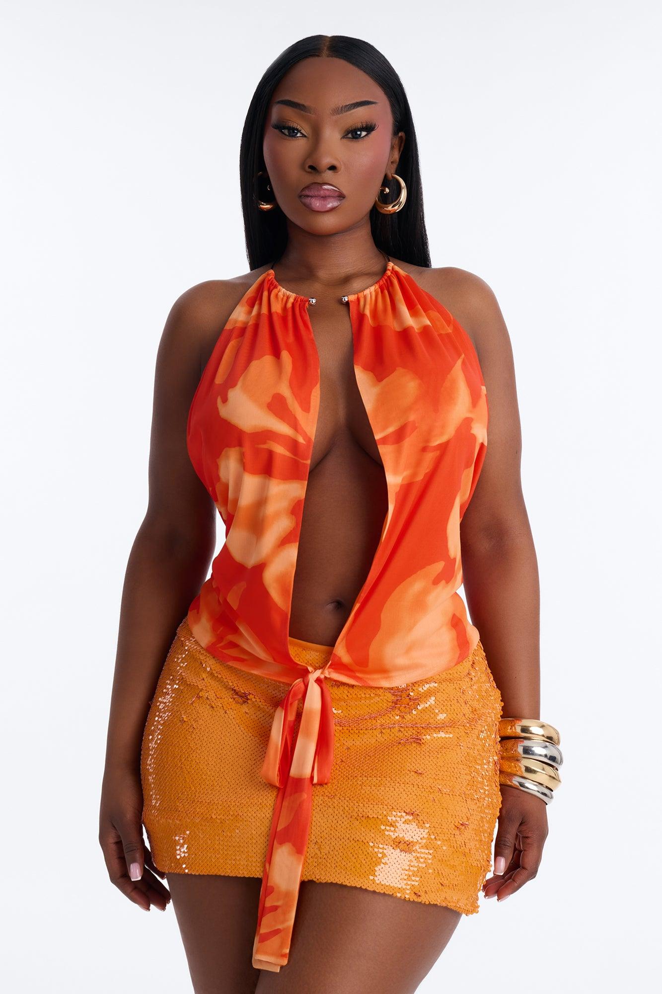 Naya Mesh Deep V-Neck Hardware Halter Top - Orange/combo Female Product Image