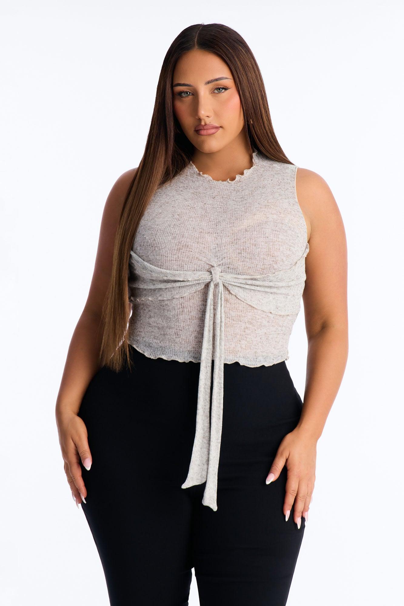 Heather Mock Neck Tie Sleeveless Top - Grey/combo Female Product Image