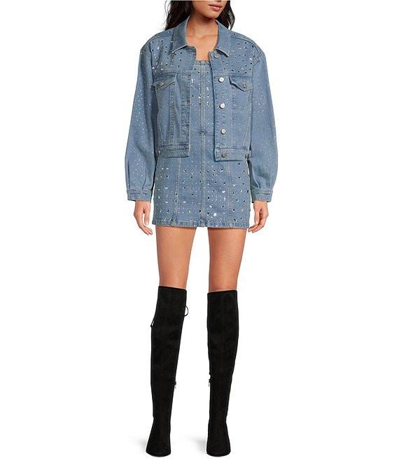 Gianni Bini Tara Point Collar Rhinestone Long Sleeve Denim Jacket Product Image