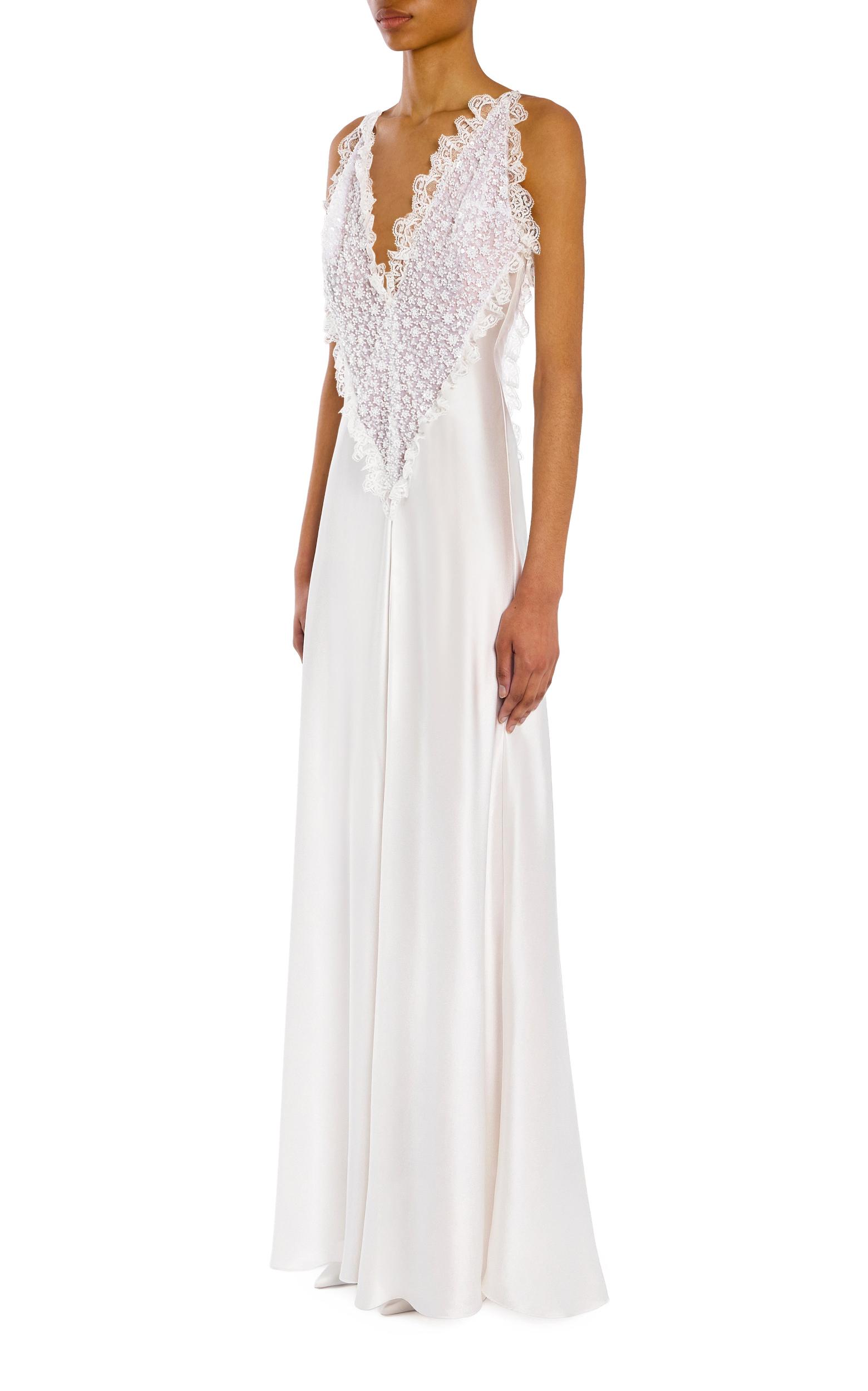 White Silk Satin Dress With Beaded Tulle And Lace Trim Detail Product Image