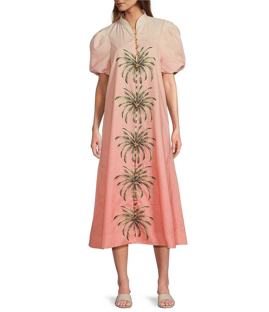 Mestiza New York Elliana Linen Blend Elliana Mandarin Collar Puff Sleeve Embroidered Button Front Midi Dress Product Image