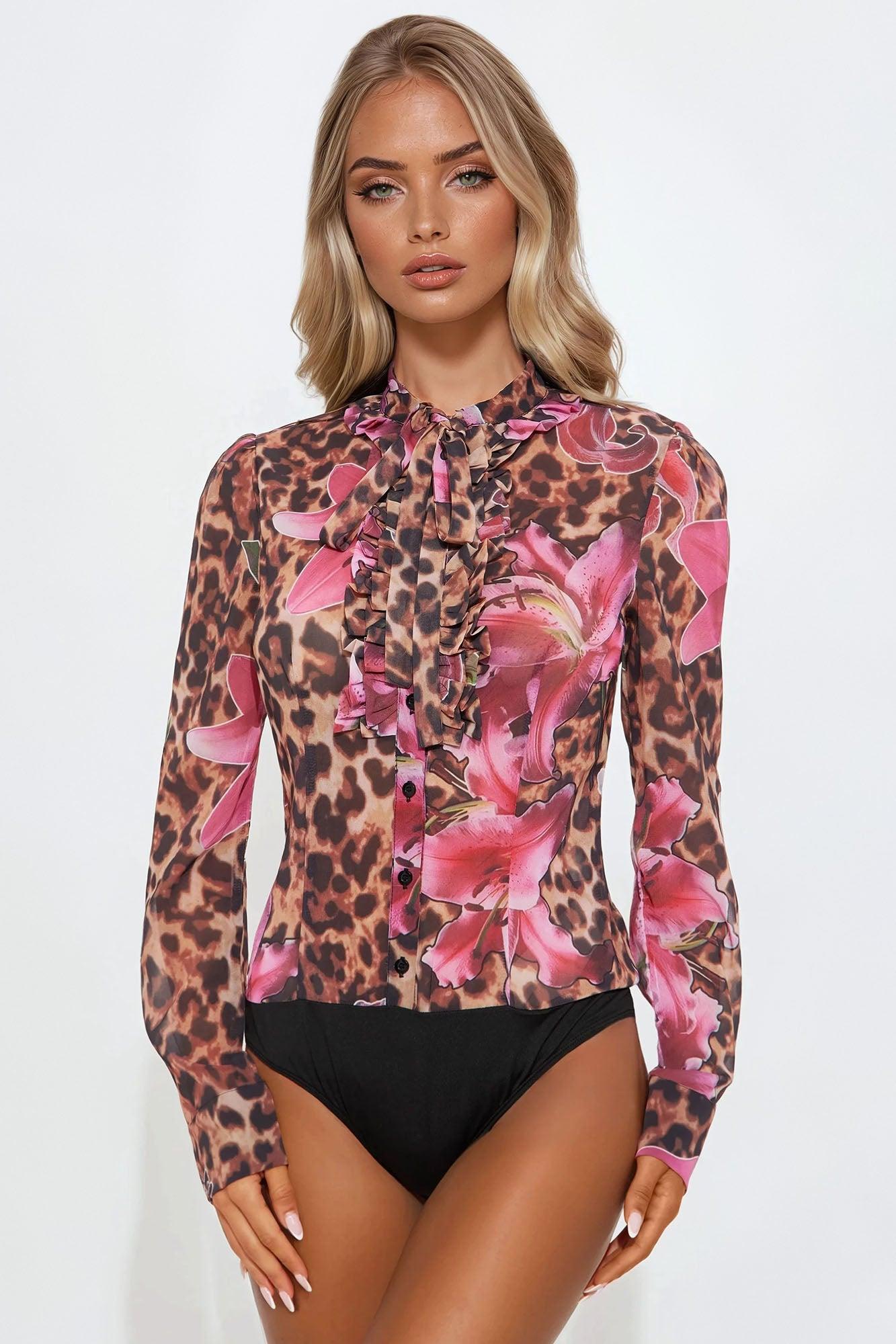 Mishelle Chiffon Floral Leopard Bodysuit - Brown/combo Female Product Image