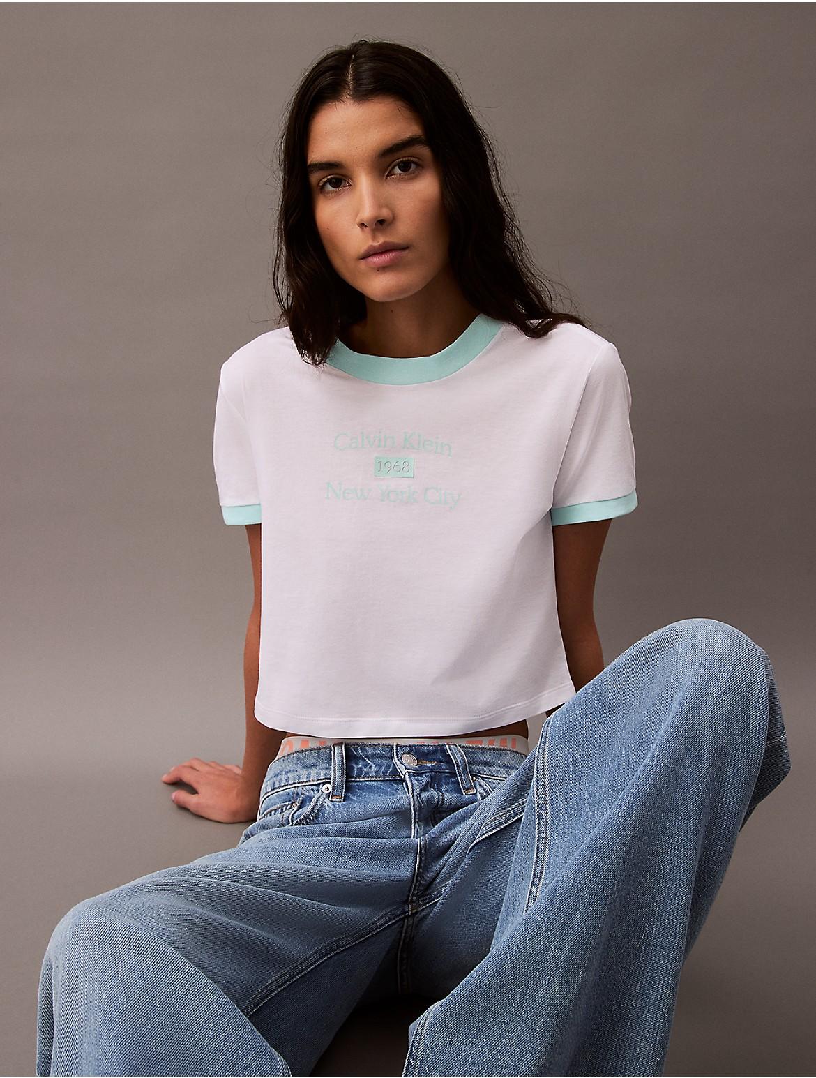 Calvin Klein Womens Logo Graphic Cropped Classic T-Shirt - White Product Image