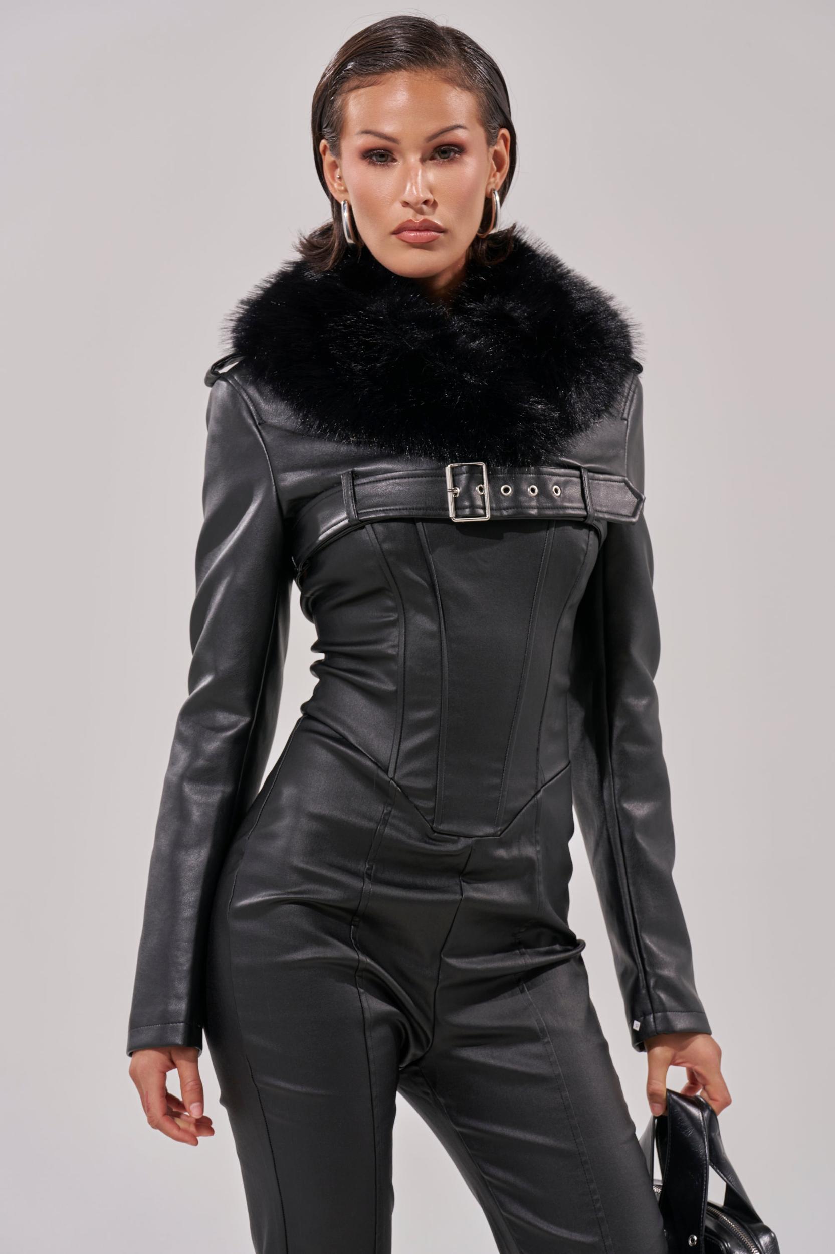 HALF MY HEART ULTRA CROPPED MOTO WITH FUR COLLAR Product Image