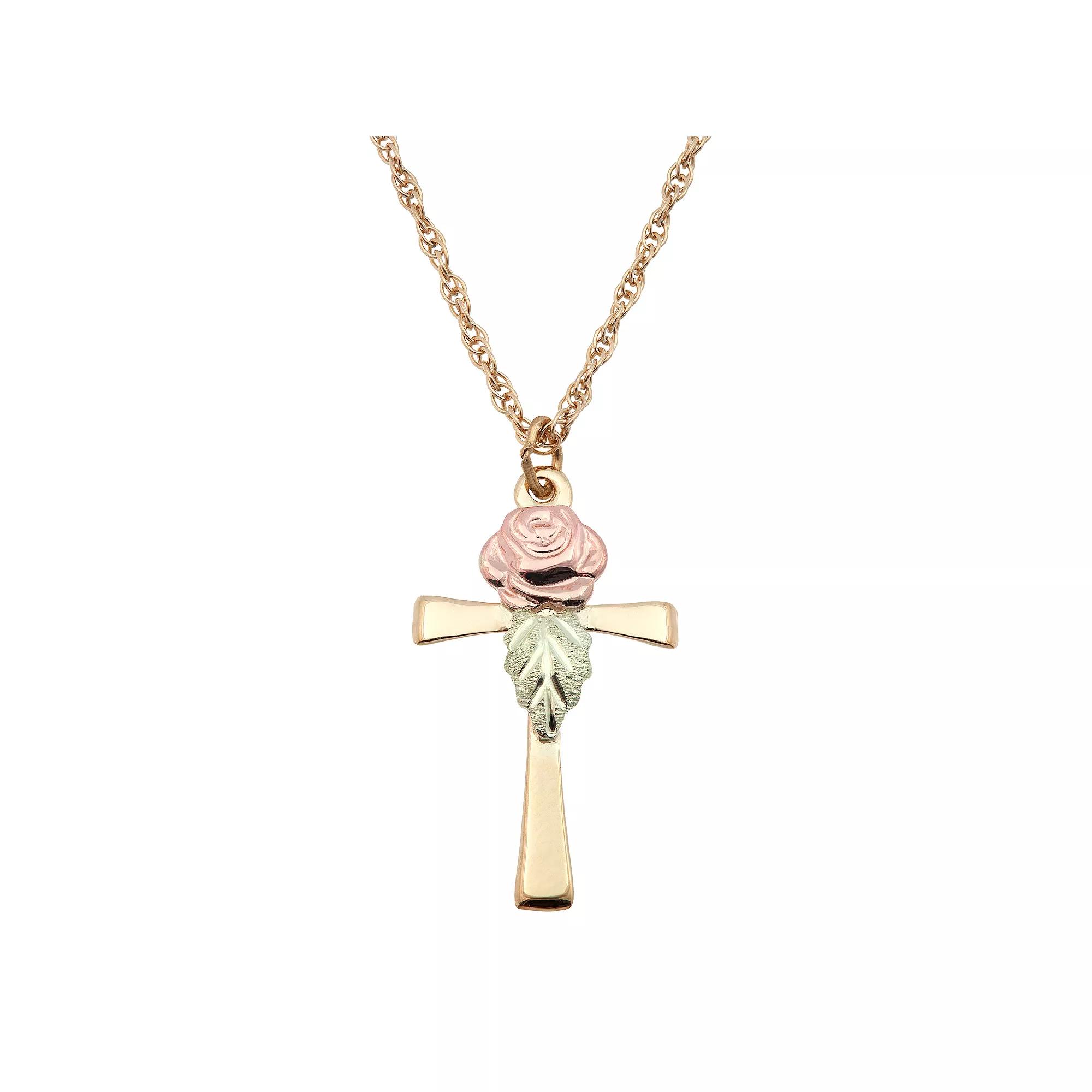 Black Hills Gold Tri Tone Rose Cross Pendant Necklace, Women's, Size: 18", 10k Gold Product Image