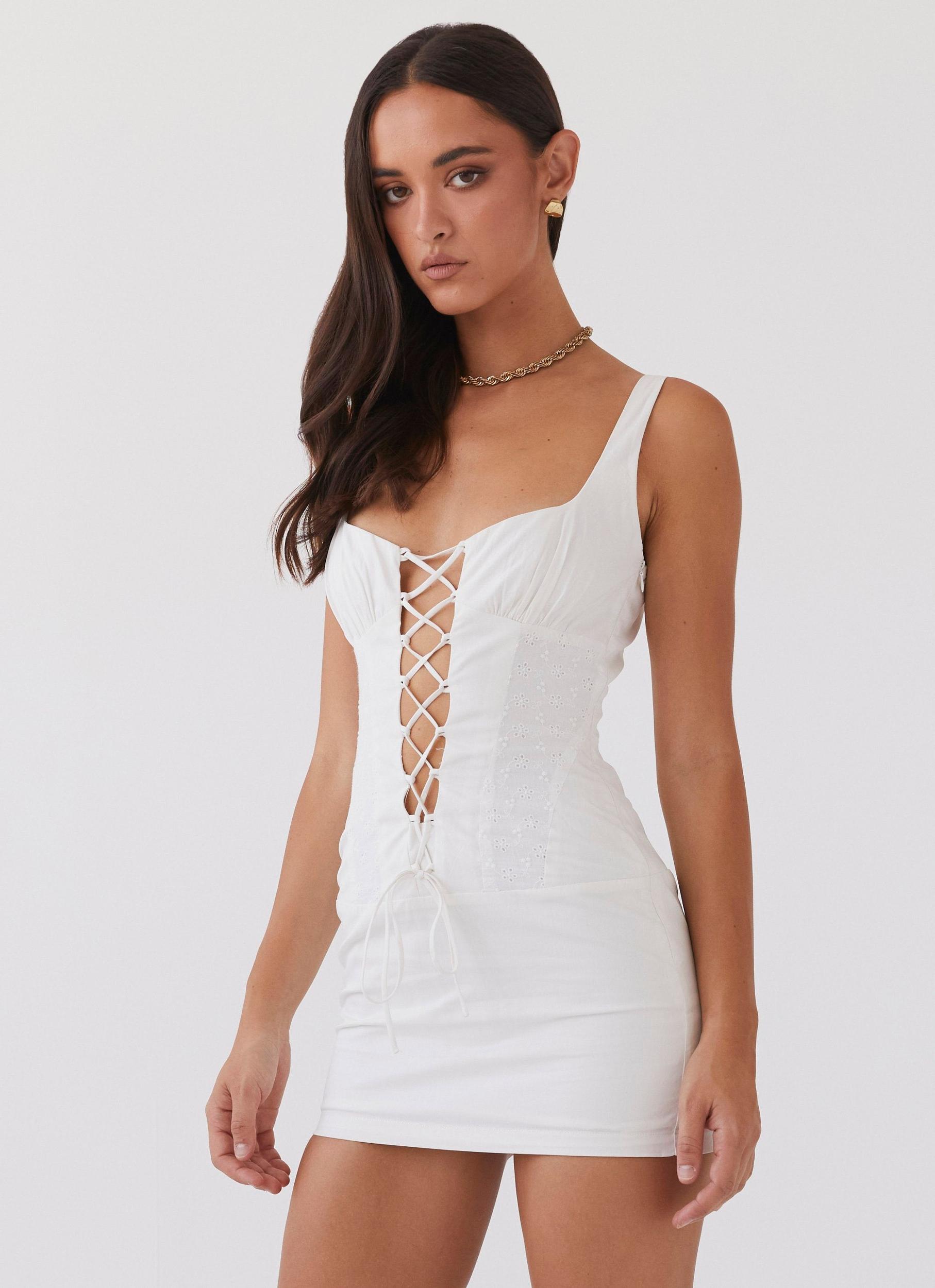 Casey Lace Up Mini Dress - White Product Image