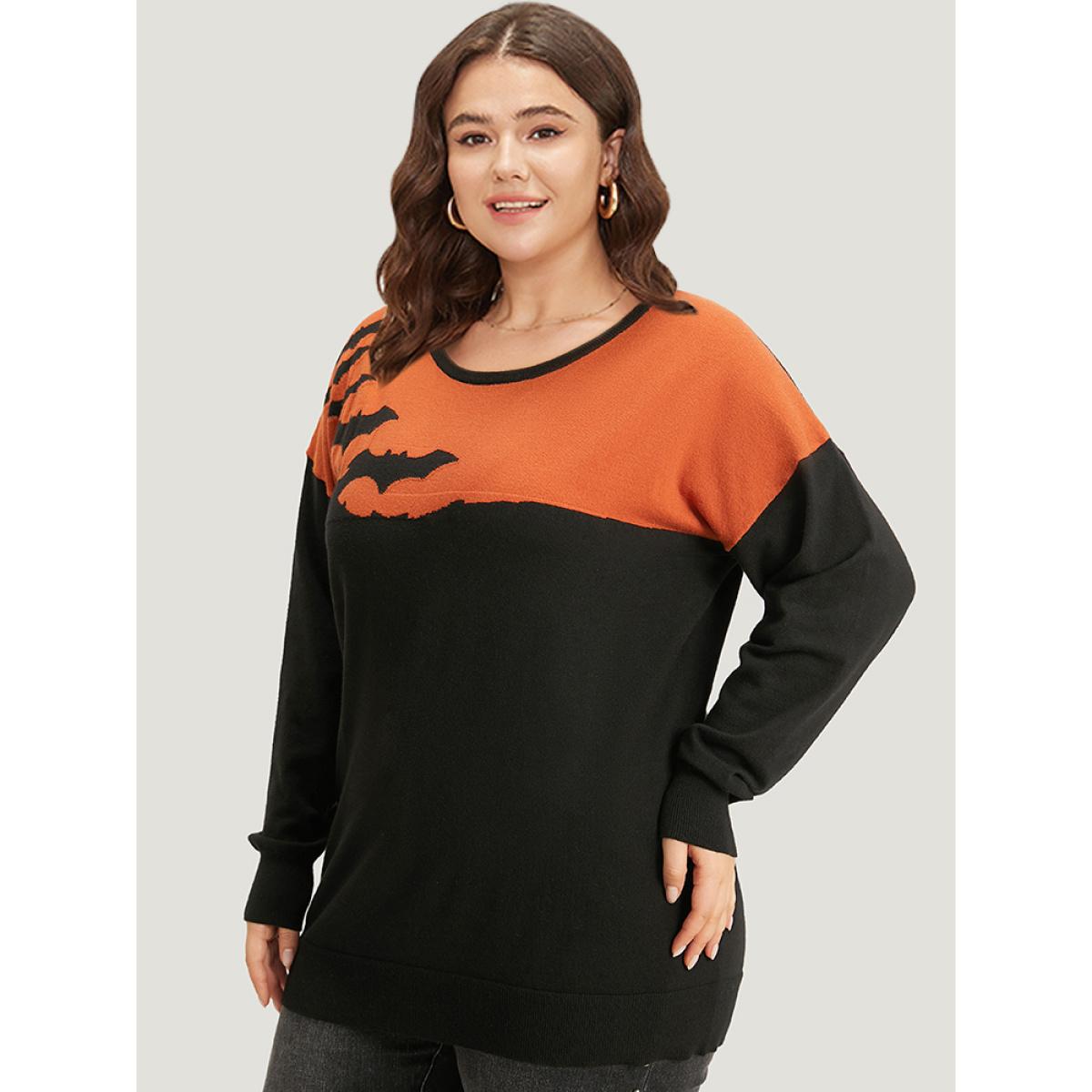 Plus Size Halloween Supersoft Essentials Two Tone Bat Print Pullover Black Women Casual Long Sleeve Round Neck Festival-Halloween Pullovers BloomChic 26/4X Product Image