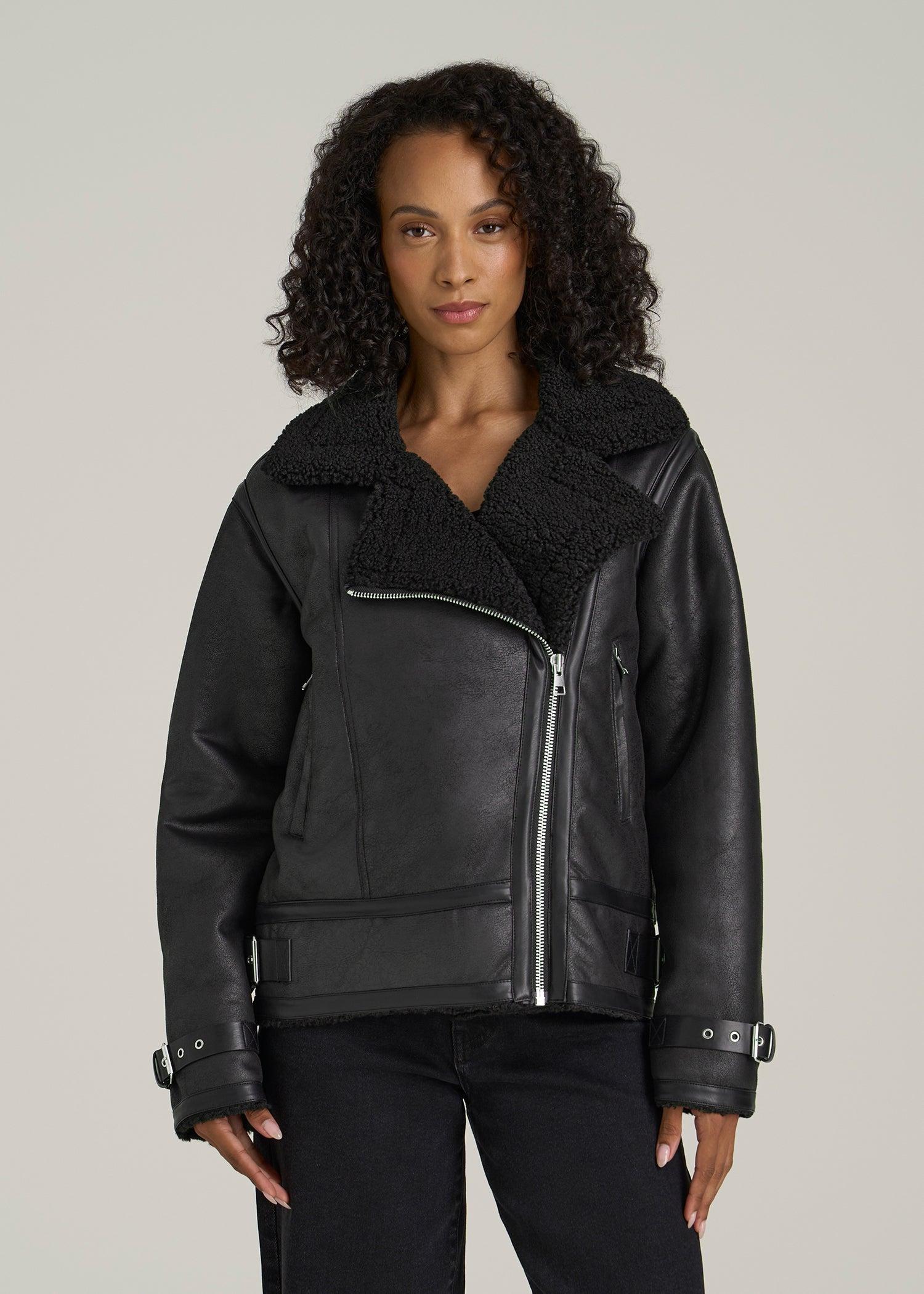 Shearling Moto Jacket for Tall Women in Black Female Product Image