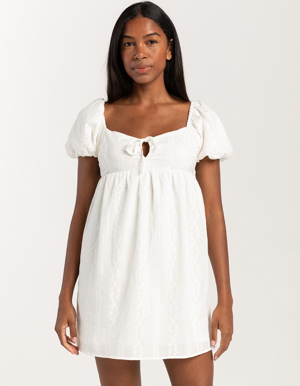 RSQ Womens Tie Front Embroidered Babydoll Dress - WHITE Product Image