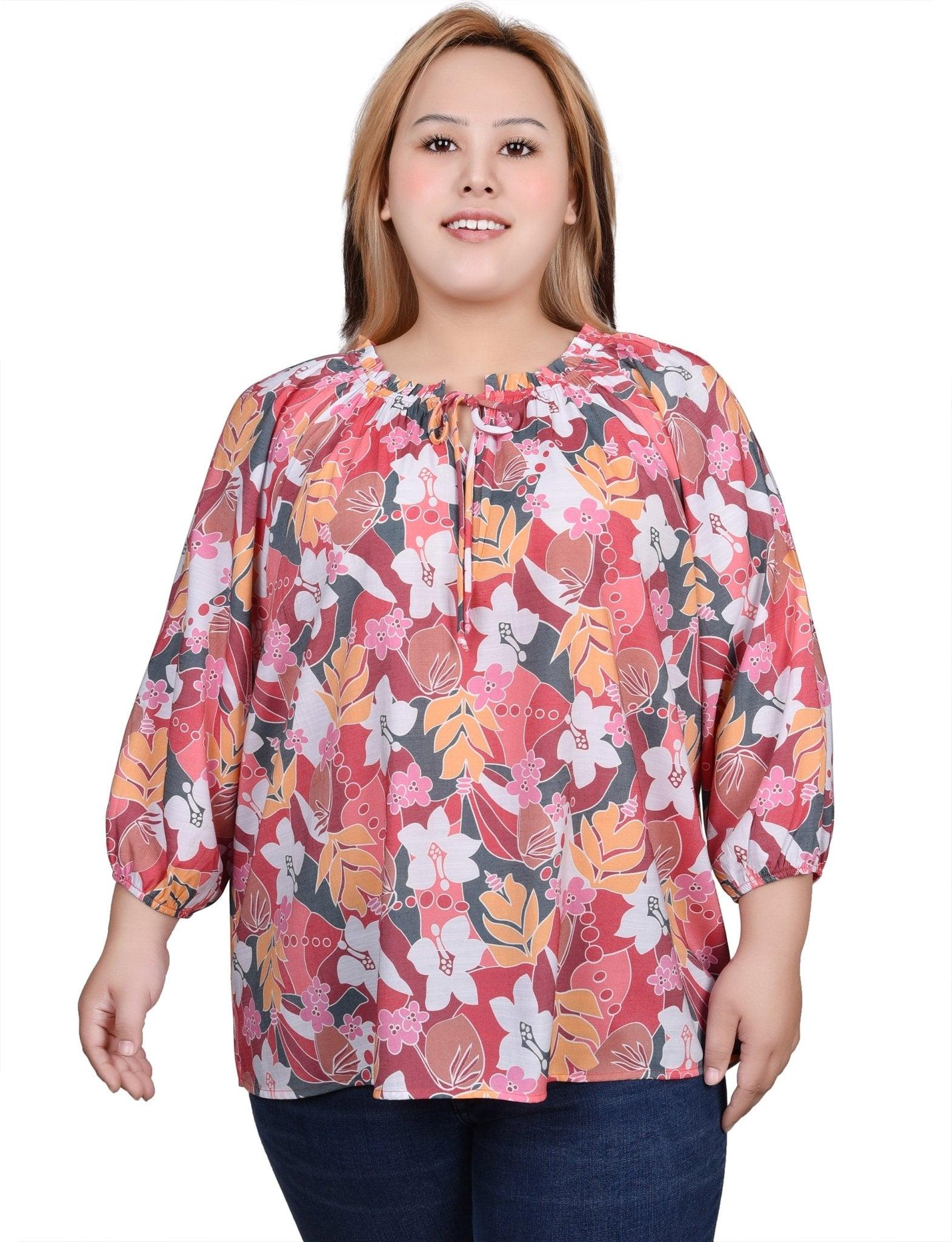 3/4 Length Sleeve Drawstring Neck Blouse - Plus Product Image