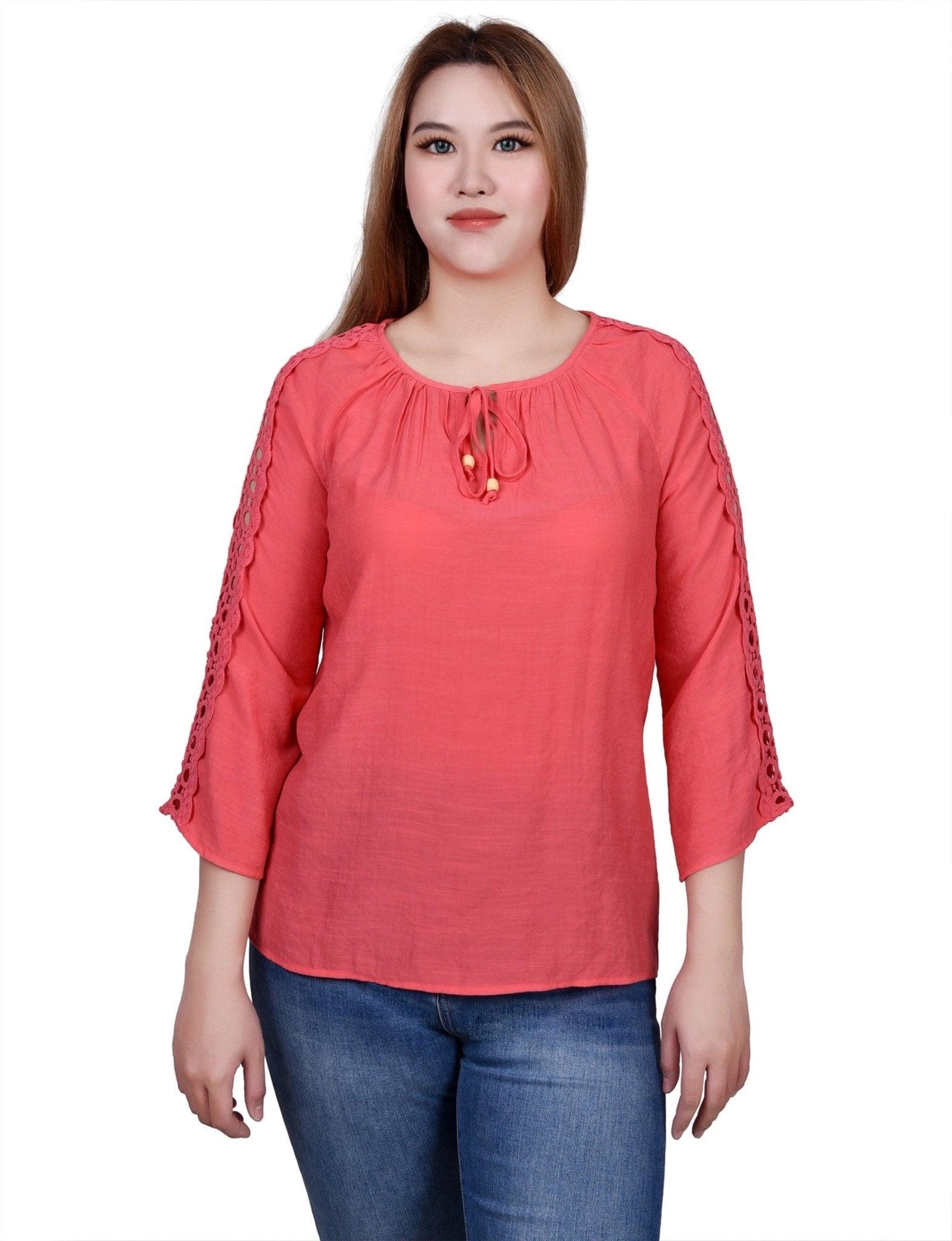 3/4 Length Sleeve Crochet Detail Blouse Product Image