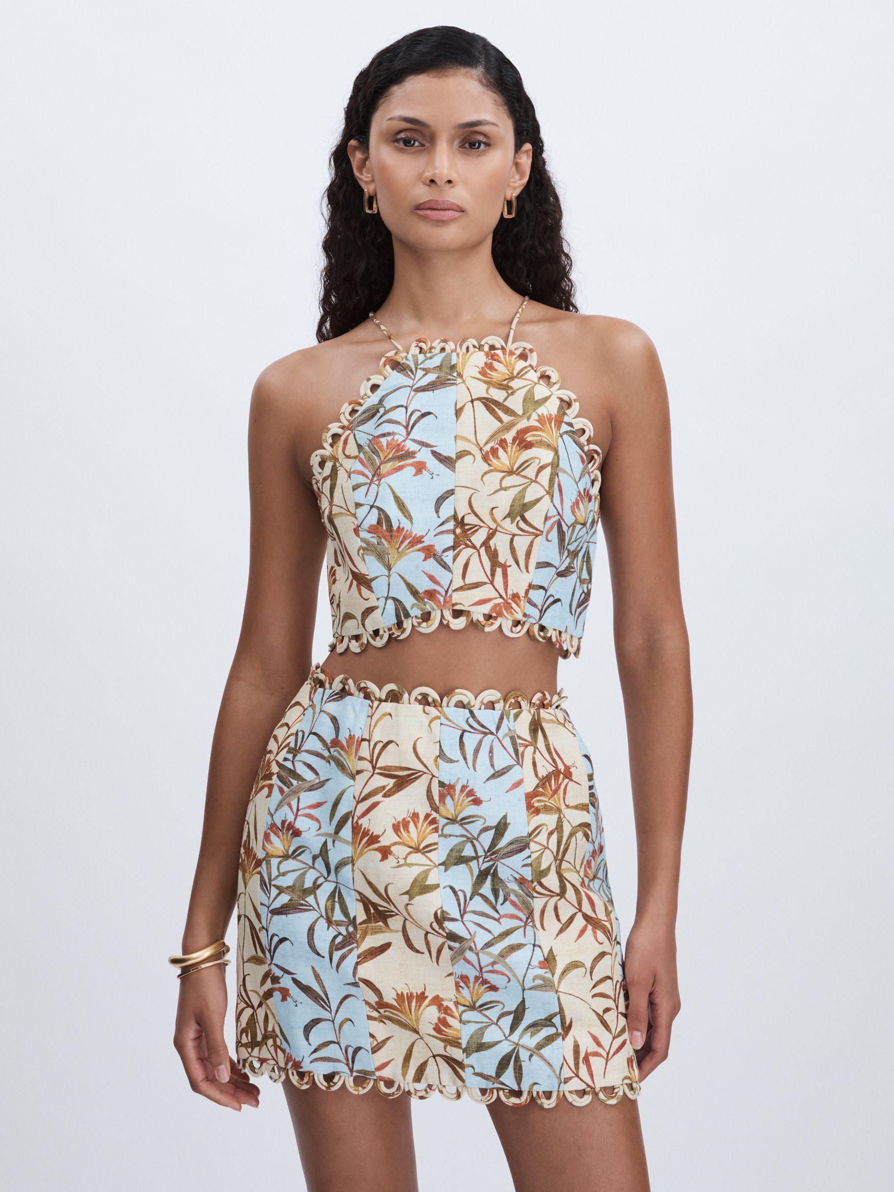 Significant Other Linen-Blend Floral-Print Cropped Top in Blue Multi Product Image