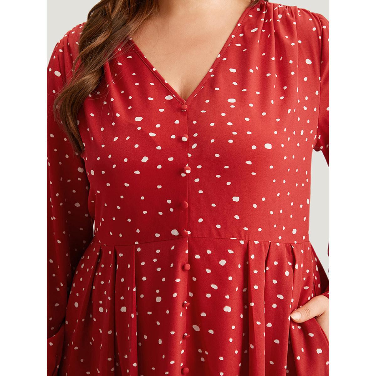 Plus Size Polka Dot Button Detail Pleated Dress Crimson Women Elegant Printed V-neck Long Sleeve Curvy Midi Dress BloomChic 26/4X Product Image