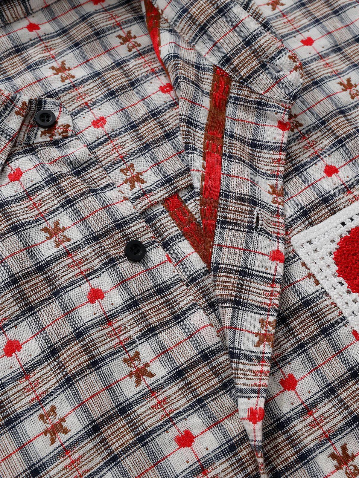 Aelfric Eden Crochet Heart Pocket Plaid Long Sleeve Shirt Product Image