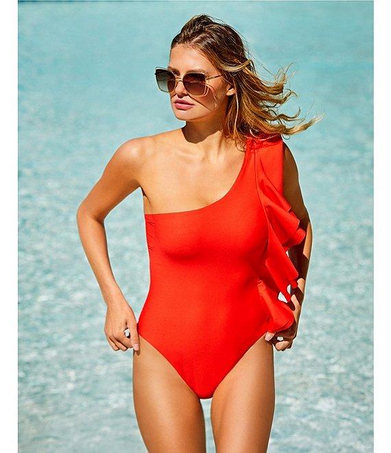 Antonio Melani Solid One Shoulder Ruffle One Piece Swimsuit Product Image