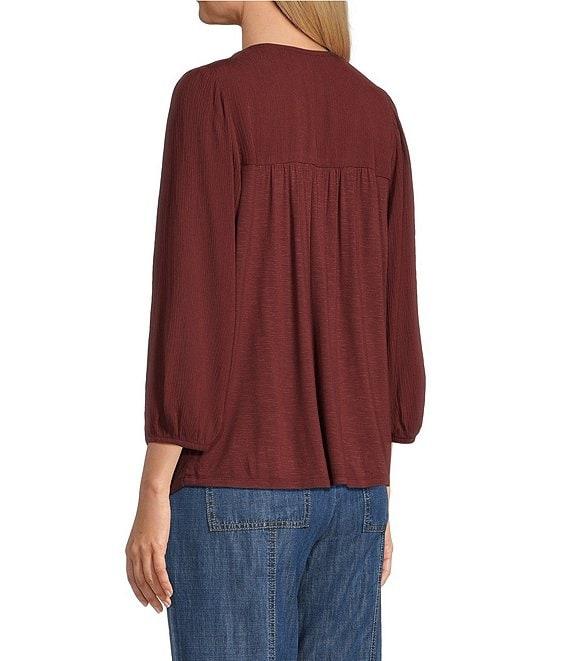 Nurture Gauze 3/4 Sleeve Keyhole Neck Embroidered Lace Square Yoke Top Product Image