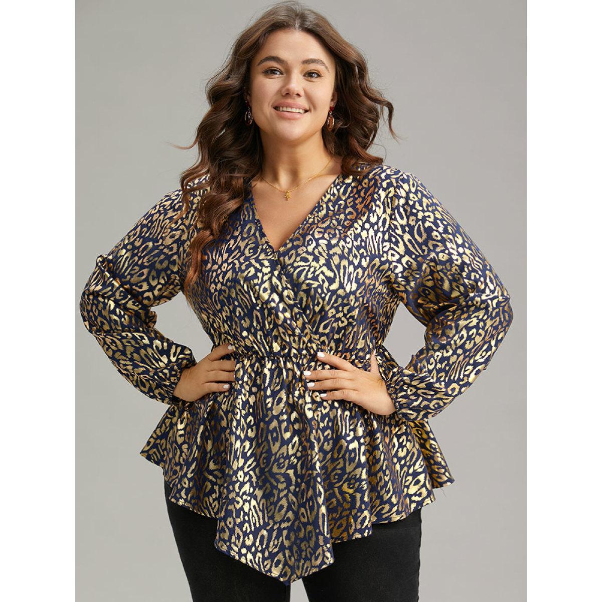 Plus Size Indigo Glitter Leopard Wrap Elastic Waist Lantern Sleeve Blouse Women Cocktail Long Sleeve Overlap Collar Party Blouses BloomChic 10/M Product Image