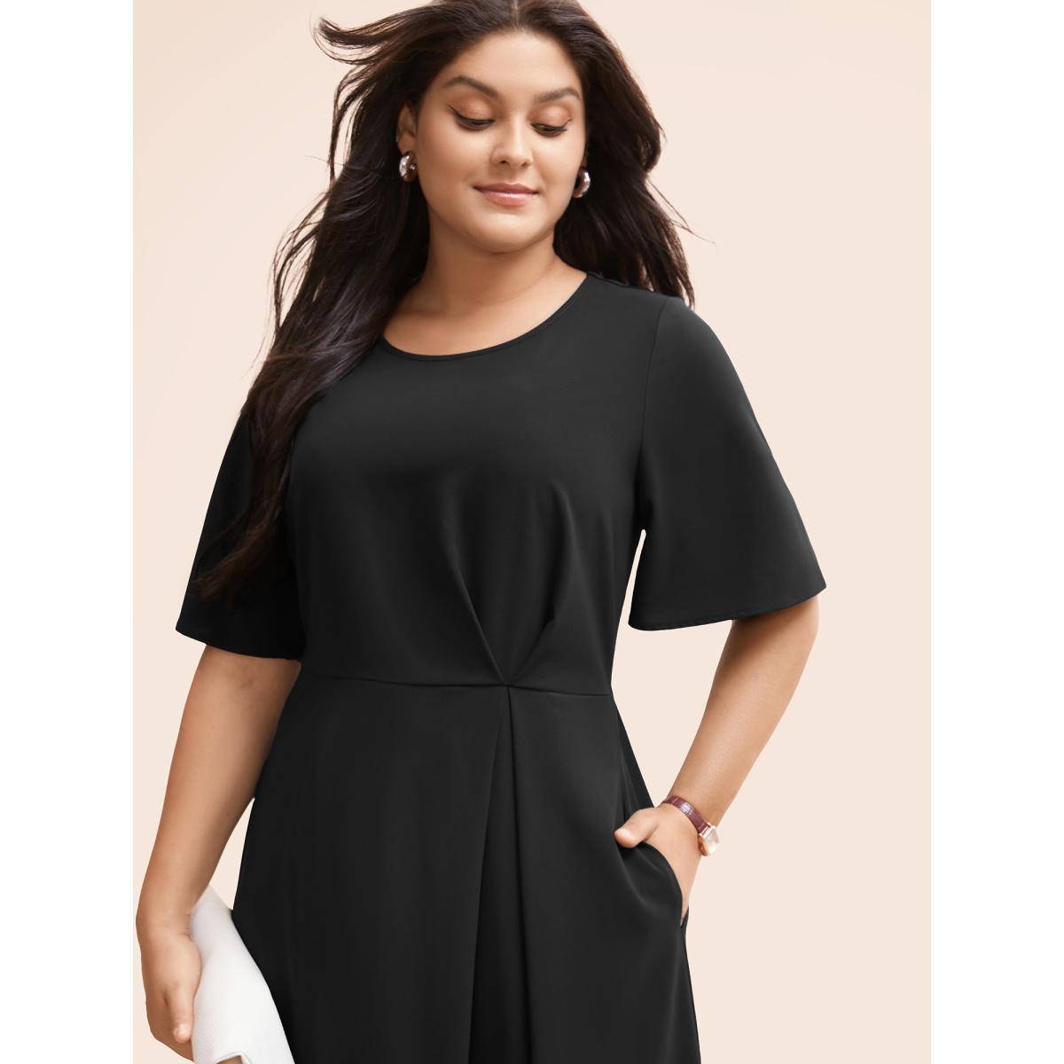 Plus Size Plain Round Neck Plicated Detail Dress Indigo Women Office Pleated Round Neck Half Sleeve Curvy BloomChic 10/M Product Image