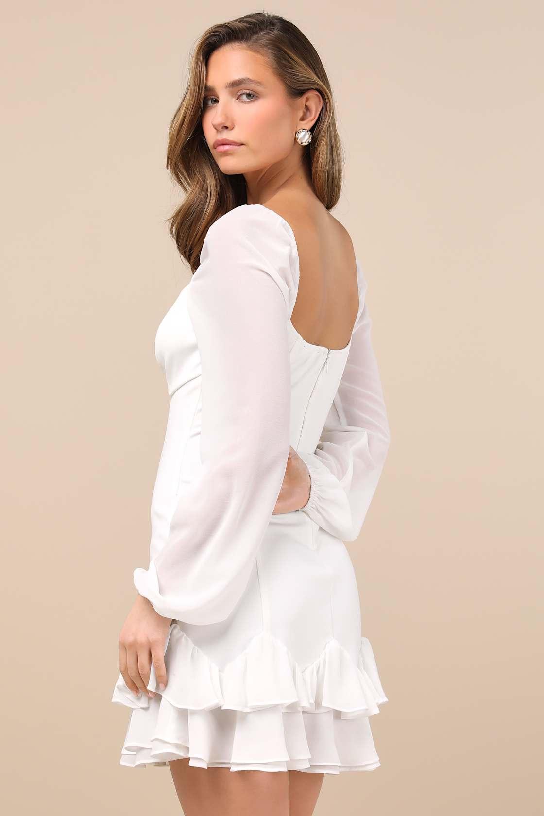 Gorgeous Expertise White Ruffled Long Sleeve Mini Dress Product Image