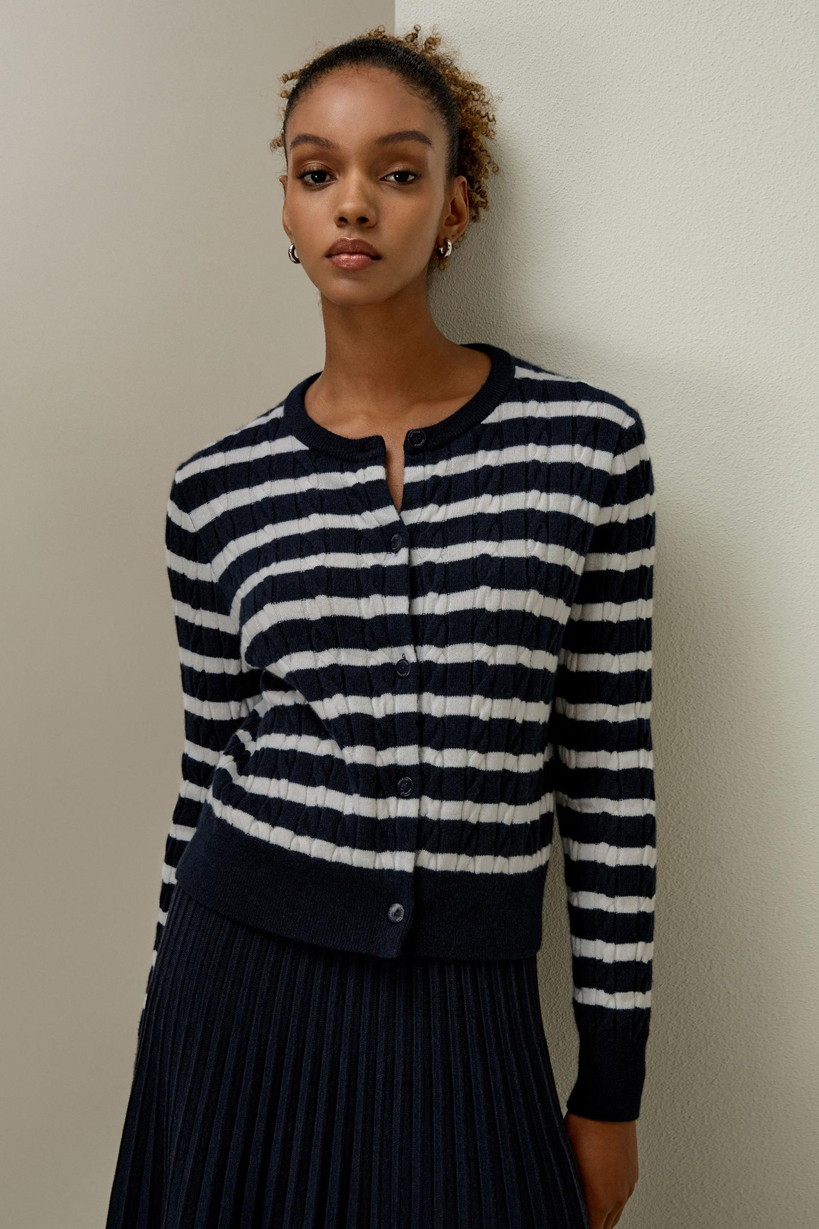 Striped Cable-Knit Cashmere Cardigan Product Image
