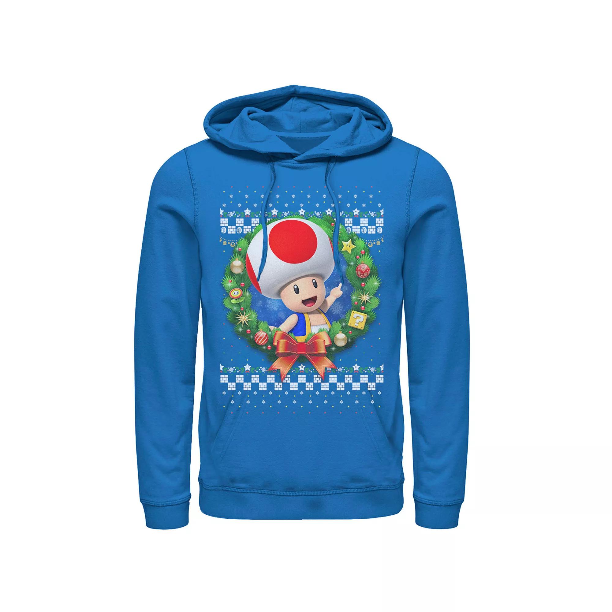 Mens Nintendo Super Mario 3D Toad Christmas Wreath Graphic Hoodie Product Image