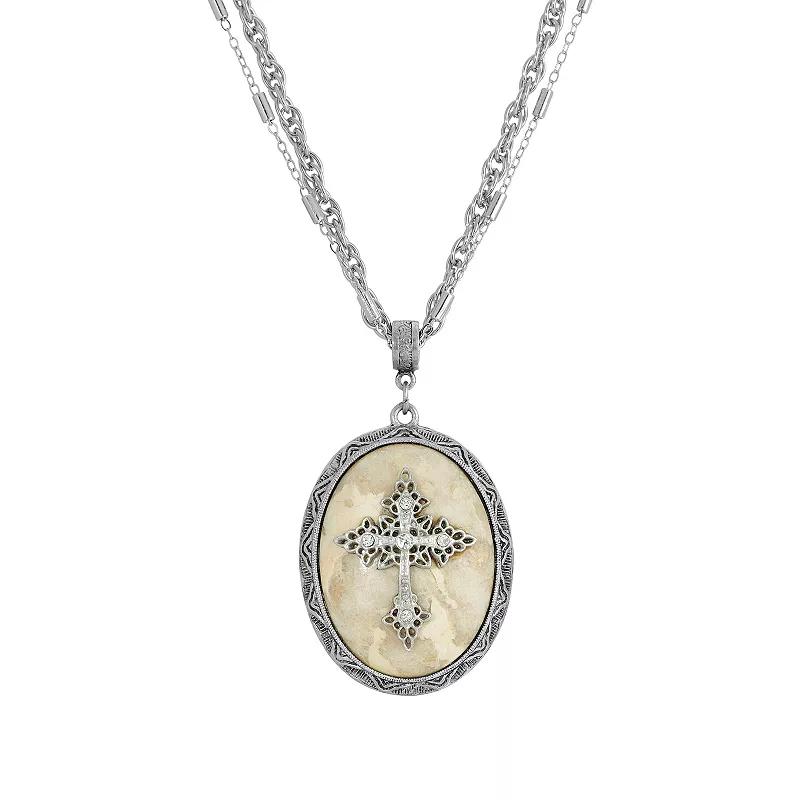 Symbols Of Faith Silver Tone Crystal Cross Cameo Double-Strand Pendant Necklace, Women's, Beige Product Image