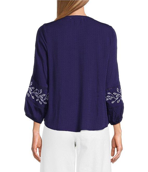 Nurture Embroidered 3/4 Sleeve V-Neck Placket Top Product Image