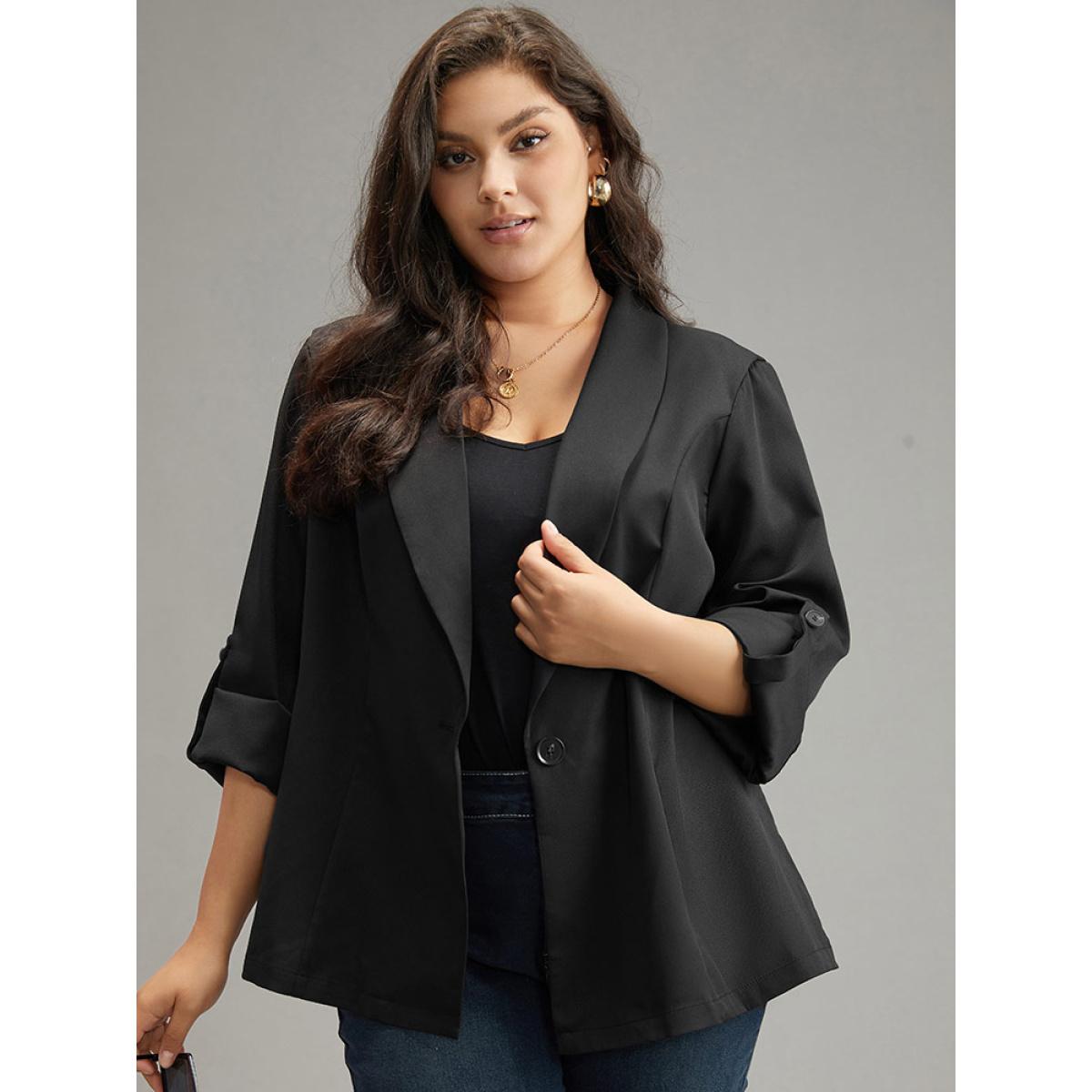 Plus Size Plain Roll Tab Sleeve Lapel Collar Blazer Black Women Dailywear Plain Plain Sleeve Long Sleeve Lapel Collar 14-16/1X Casual Blazers BloomChic Product Image