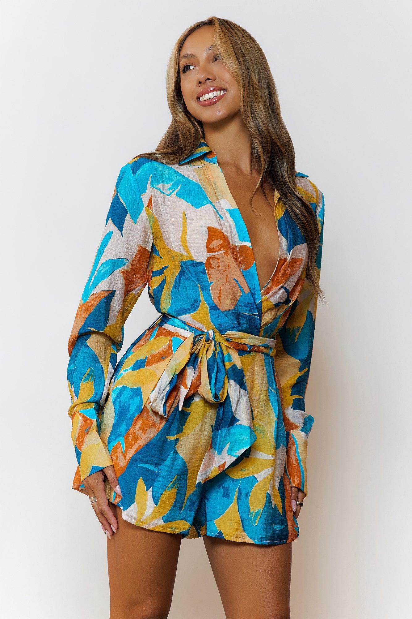 Tropic Tempo Long Sleeve Romper Teal Product Image