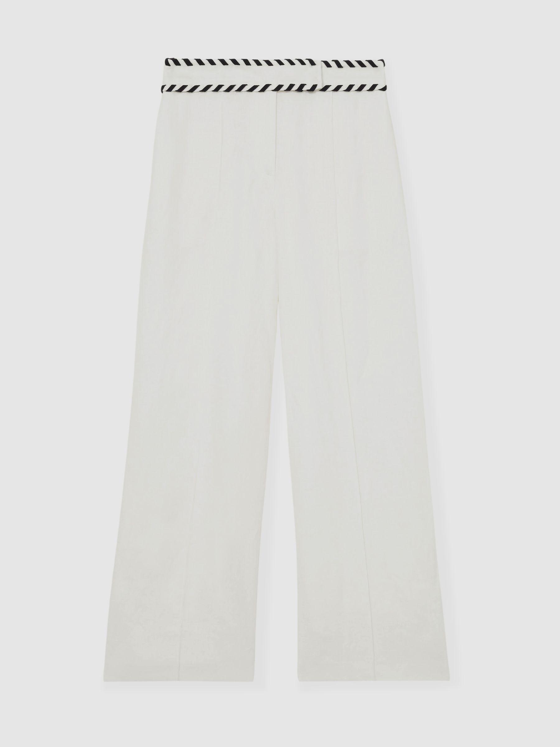 Linen Wide-Leg Whipstitch Trousers in White Product Image