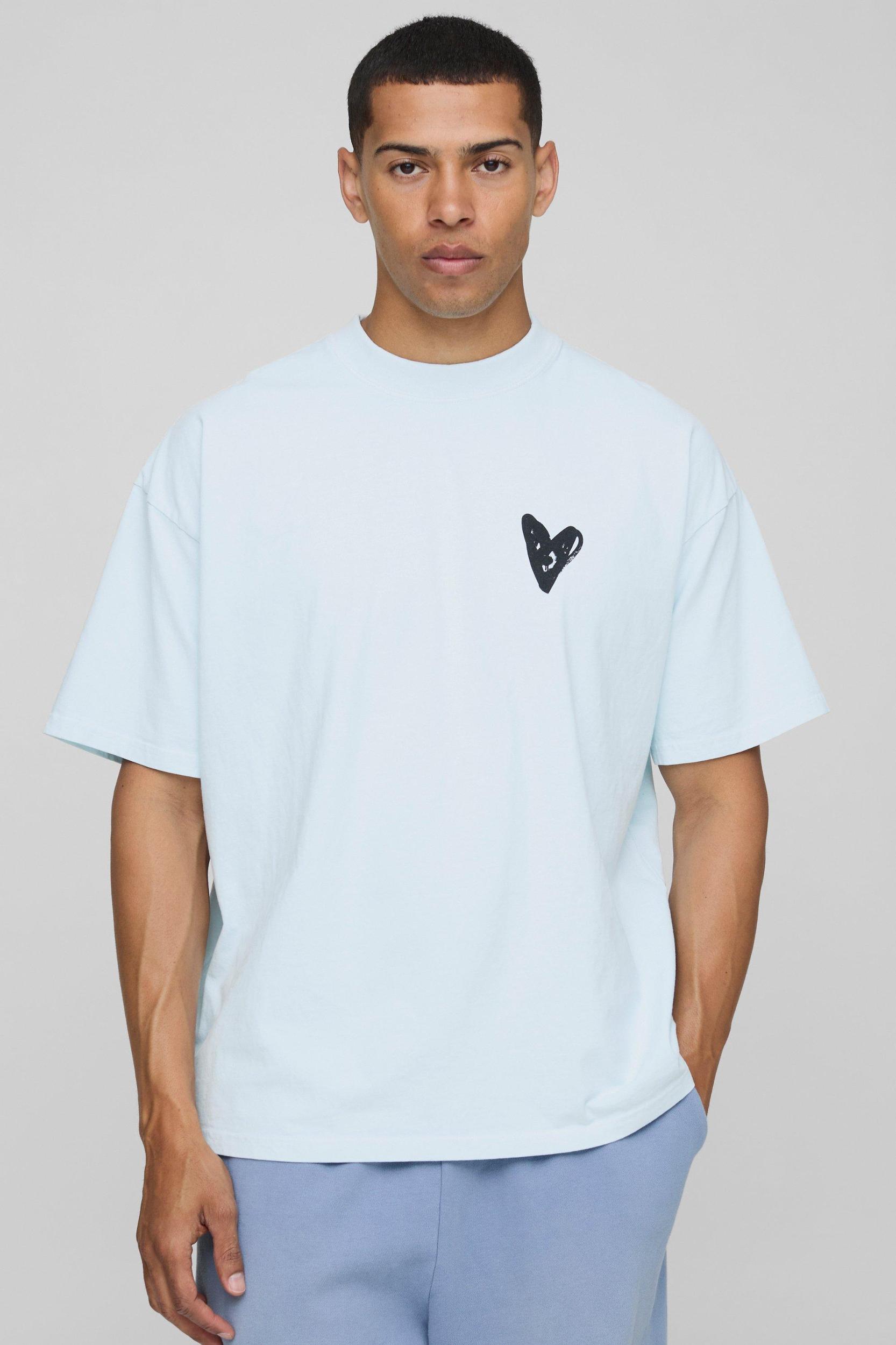 Light Blue Oversized Extended Neck Graffiti Heart Washed Printed T-Shirt | boohooMAN USA Product Image