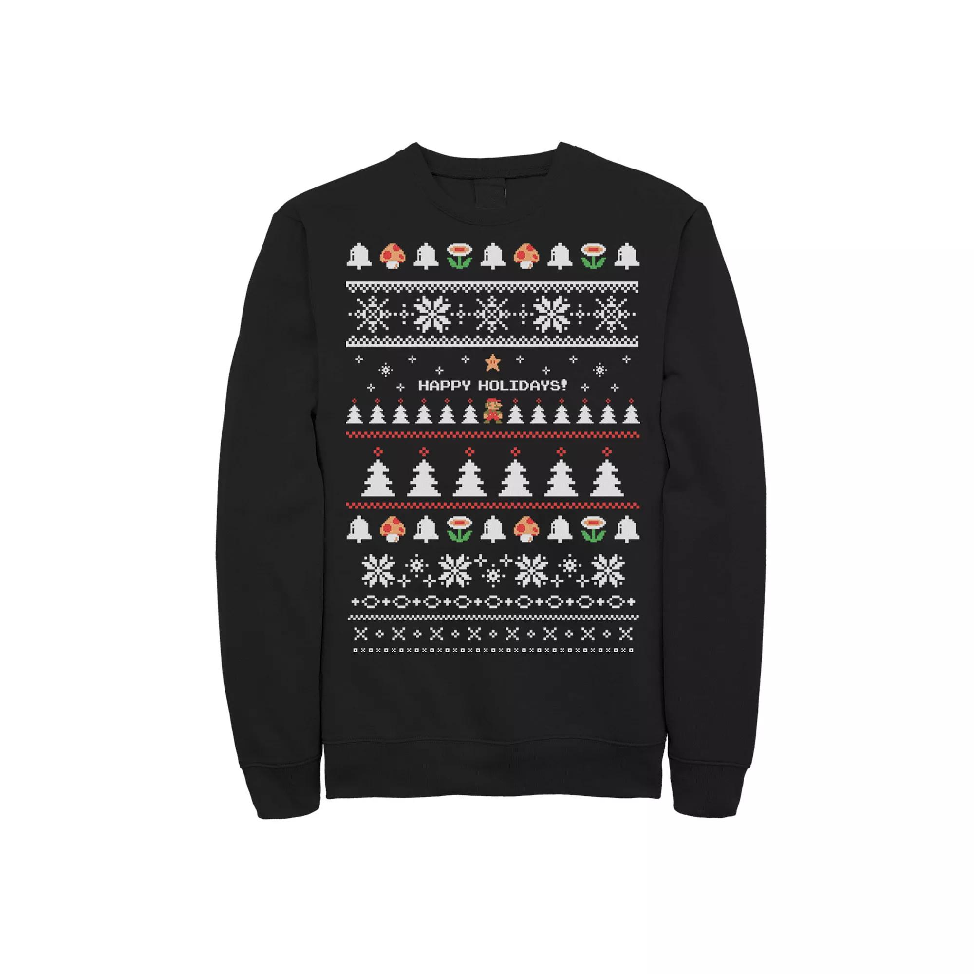 Men's Nintendo Super Mario Happy Holidays Pixels Sweatshirt,  Product Image