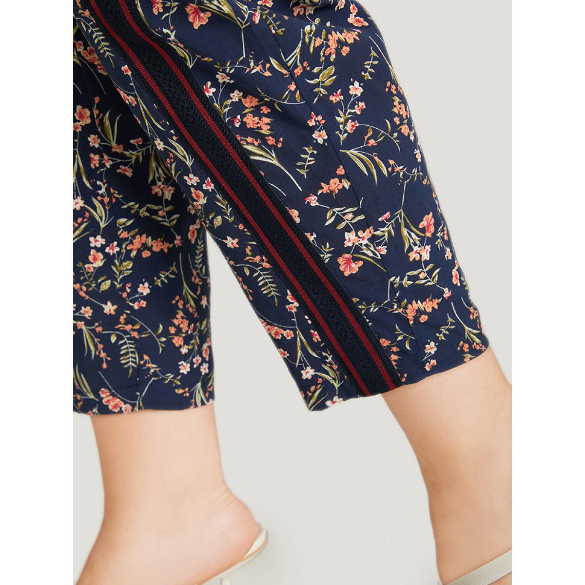 Plus Size Ditsy Floral Pocket Elastic Waist Ties Patchwork Pants Women Indigo Elegant High Rise Dailywear Pants BloomChic 30/6X Product Image