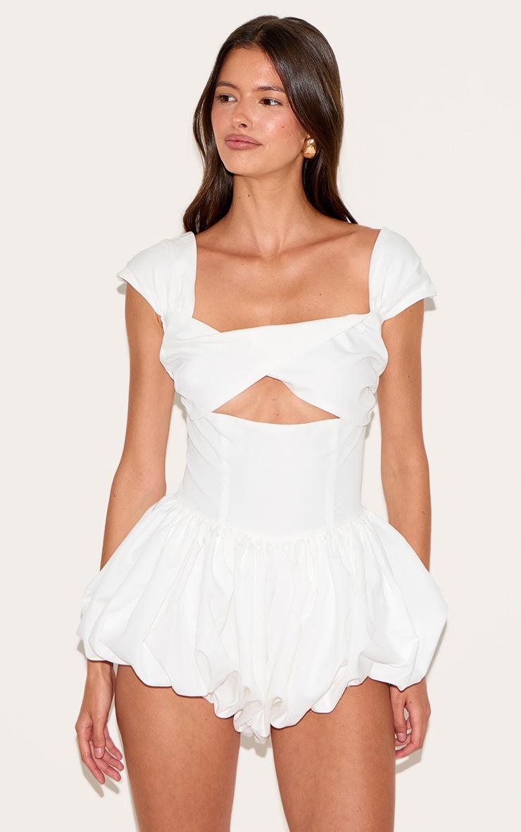 White Woven Puffball Cap Sleeve Romper Product Image