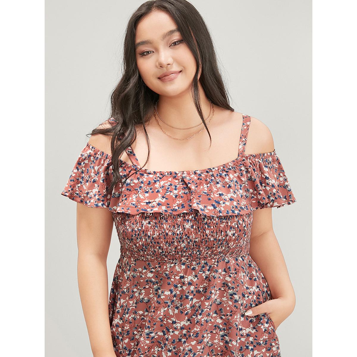 Plus Size Ditsy Floral Cold Shoulder Shirred Pocket Ruffle Lace Hem Dress Salmon Women Elegant Adjustable Straps Cold Shoulder Short sleeve Curvy Knee Dress BloomChic 14-16/1X Product Image