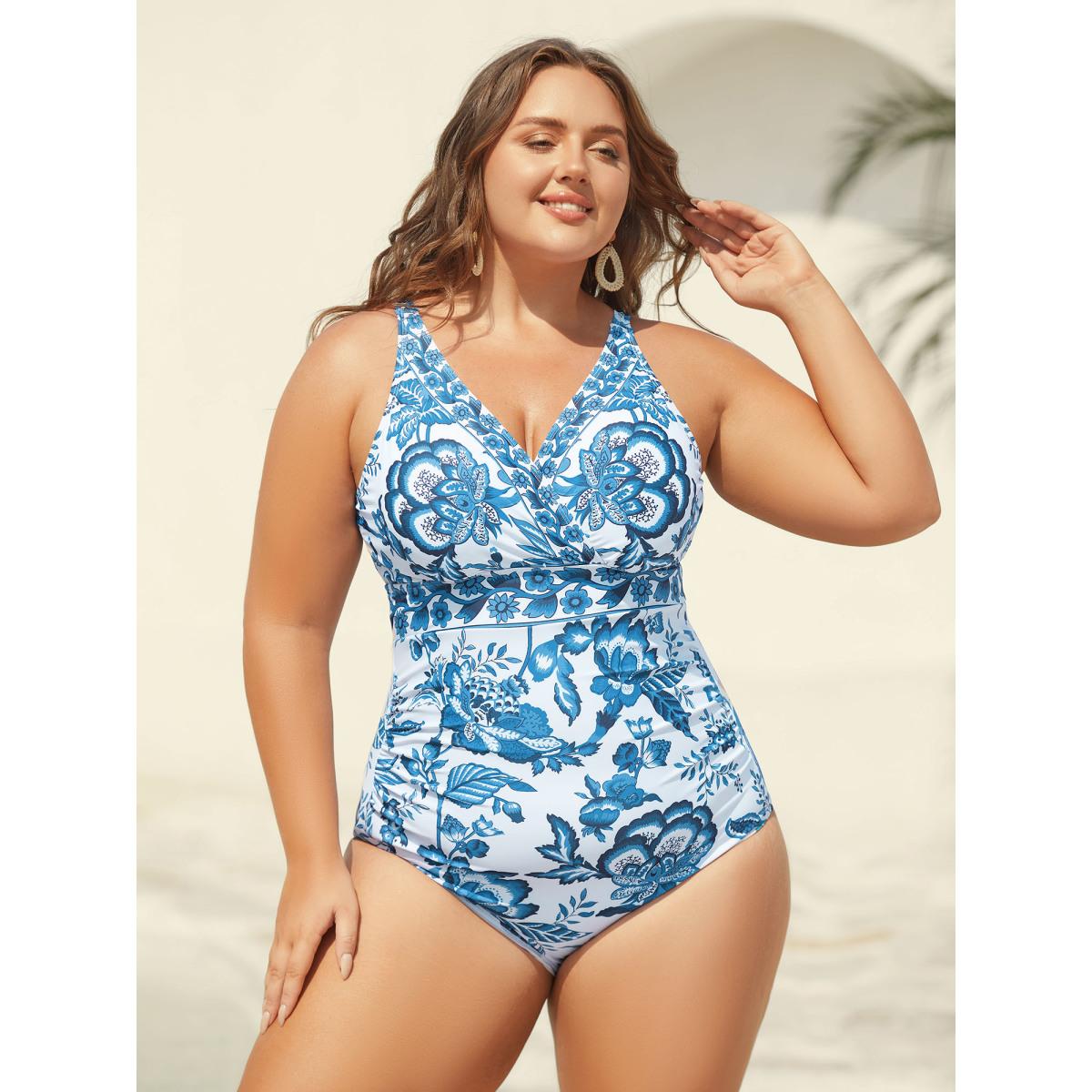 Plus Size Two-Piece Floral Print Ruched Mesh Swimsuit, Sarong Women's Swimwear Cerulean Resort Gathered Curve Bathing Suits High stretch One Pieces BloomChic 22-24/3X Product Image