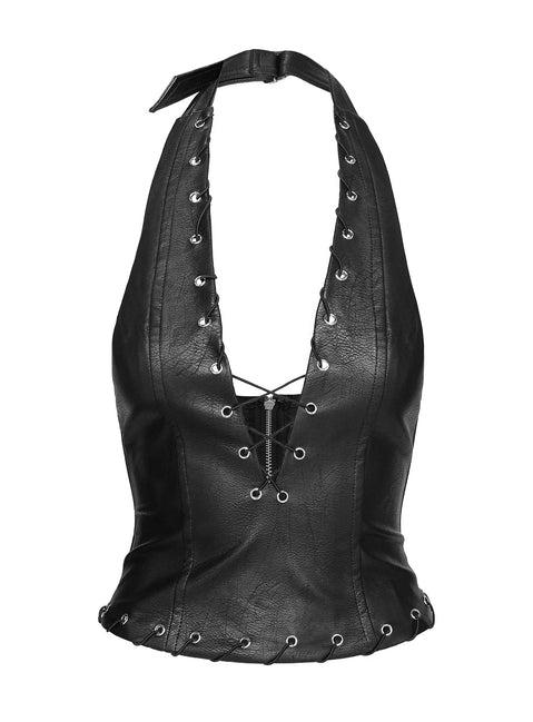Captivated Faux Leather Halter Top Black Product Image