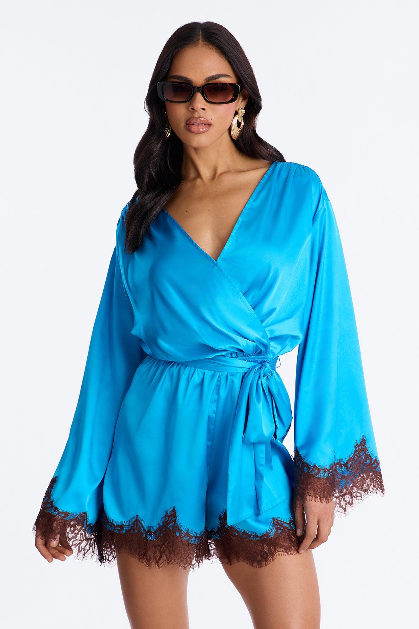 Cherie Satin Lace Trim Romper - Blue Female Product Image