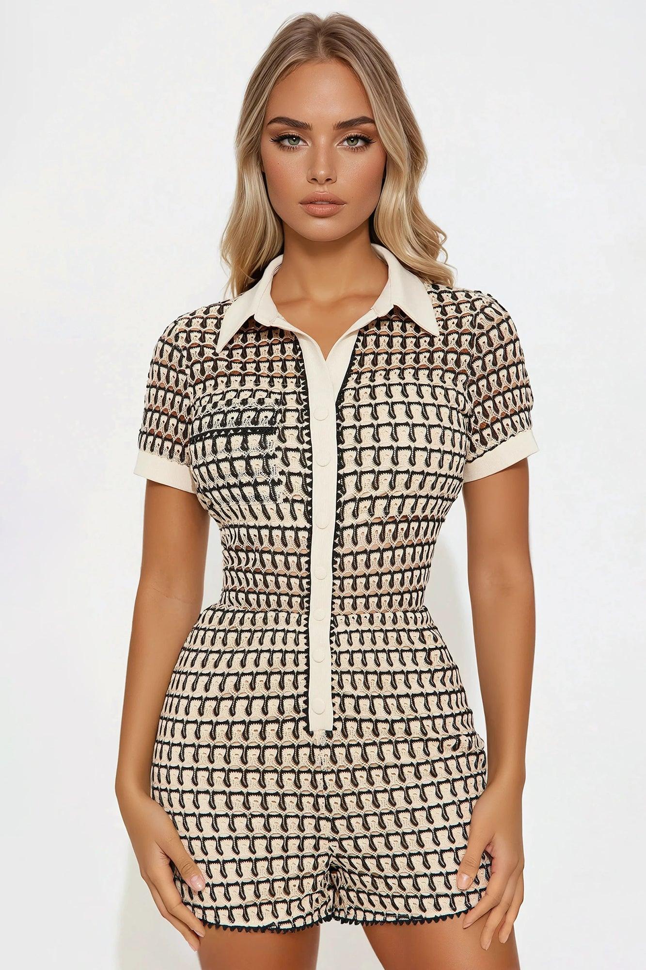 Checked In Crochet Short Sleeve Romper - Black/combo Product Image