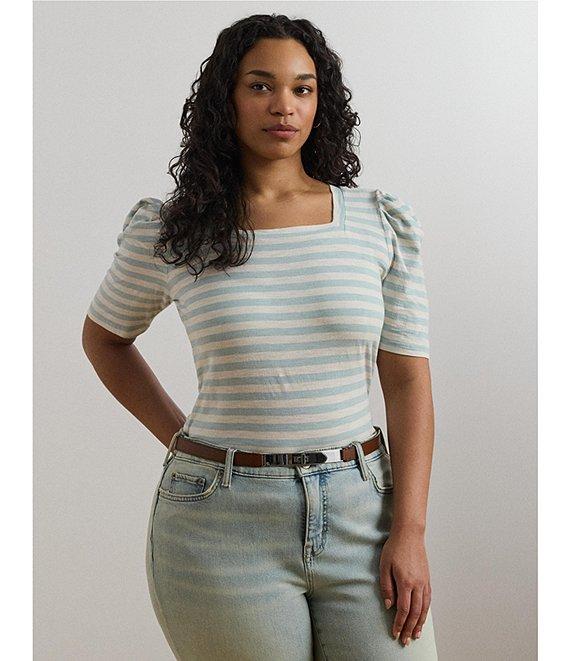 Lauren Ralph Lauren Plus Size Cotton Jersey Striped Square Neck Short Puff Sleeve Top Product Image