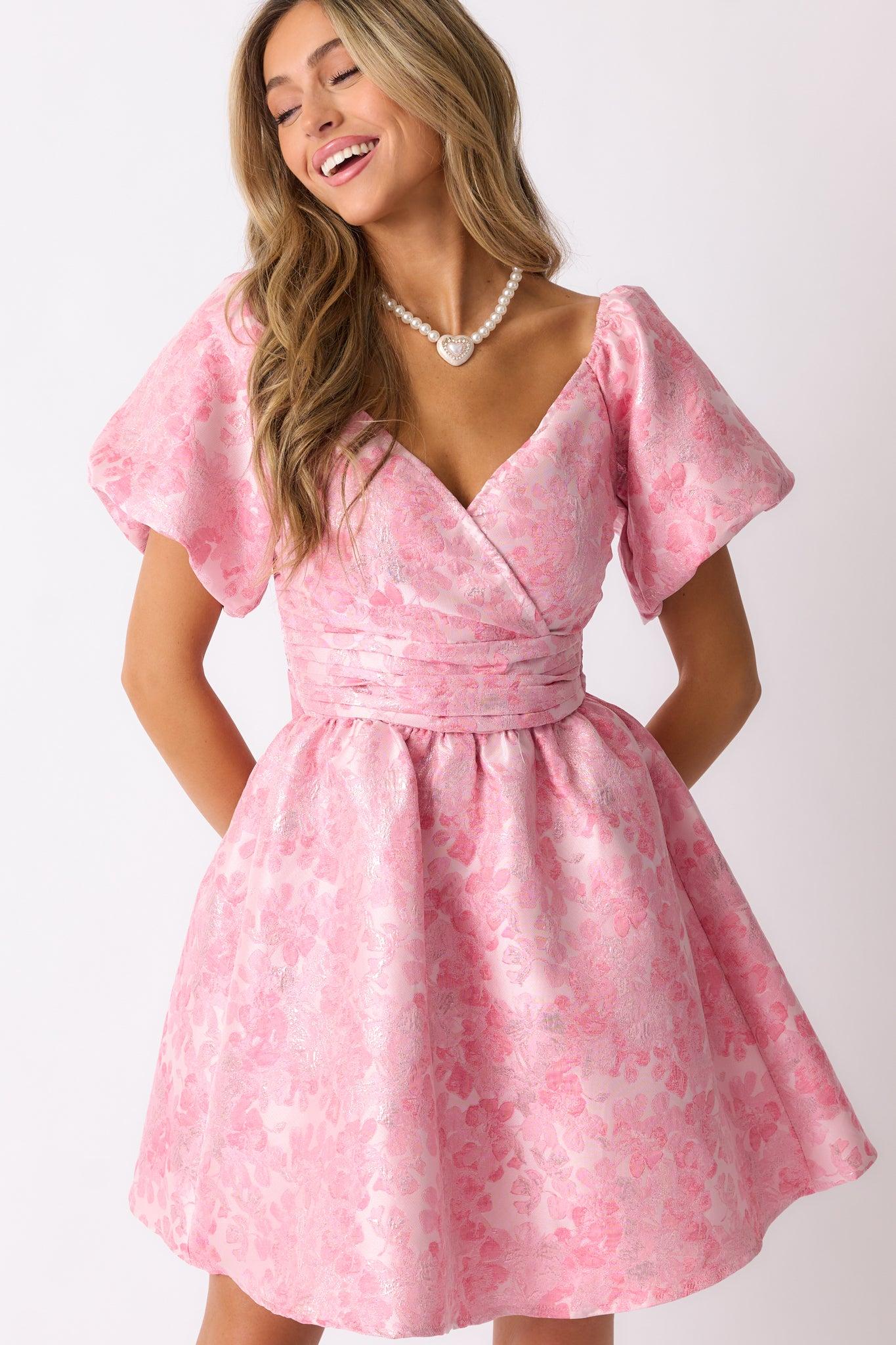 Cheers To Us Light Pink Floral Jacquard Mini Dress Product Image